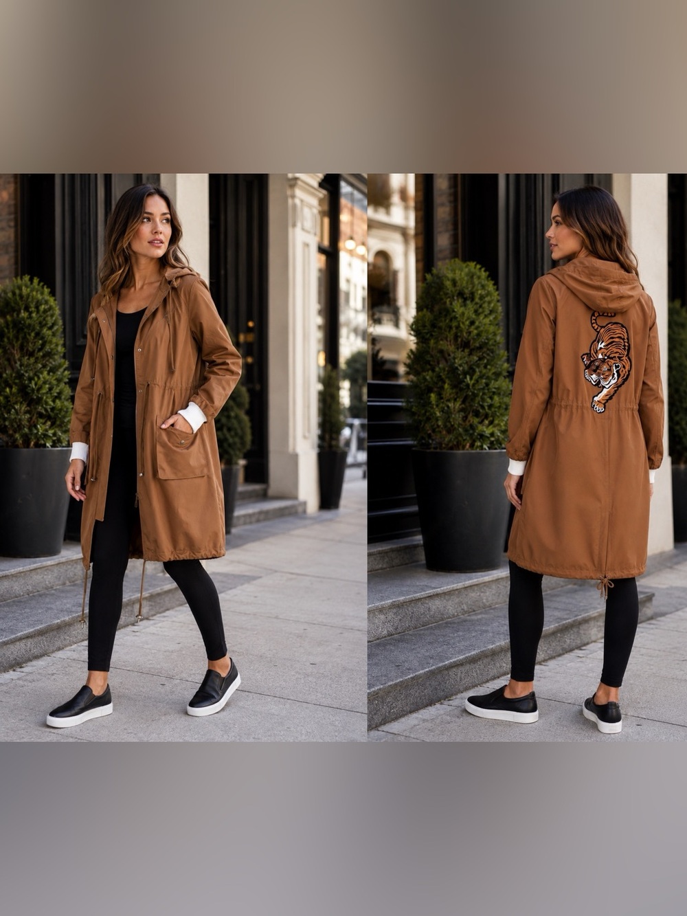 Endless Rose Women’s Tiger Patch Embroidered Oversized Parka | Brown - Medium
